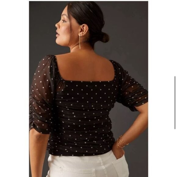 by Anthropologie Shirred Mesh Polka Dot Black XL NWT - Picture 2 of 9